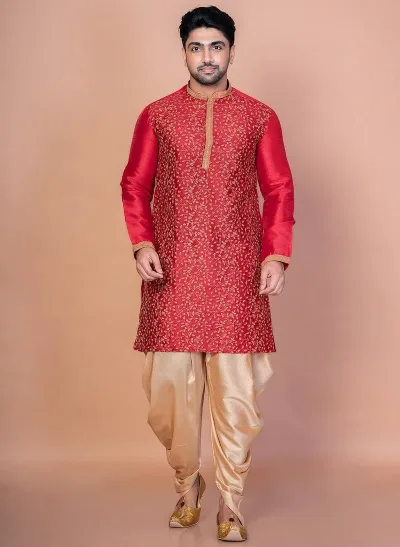 Red Banarasi Silk Kurta For Men With Embroidery Work